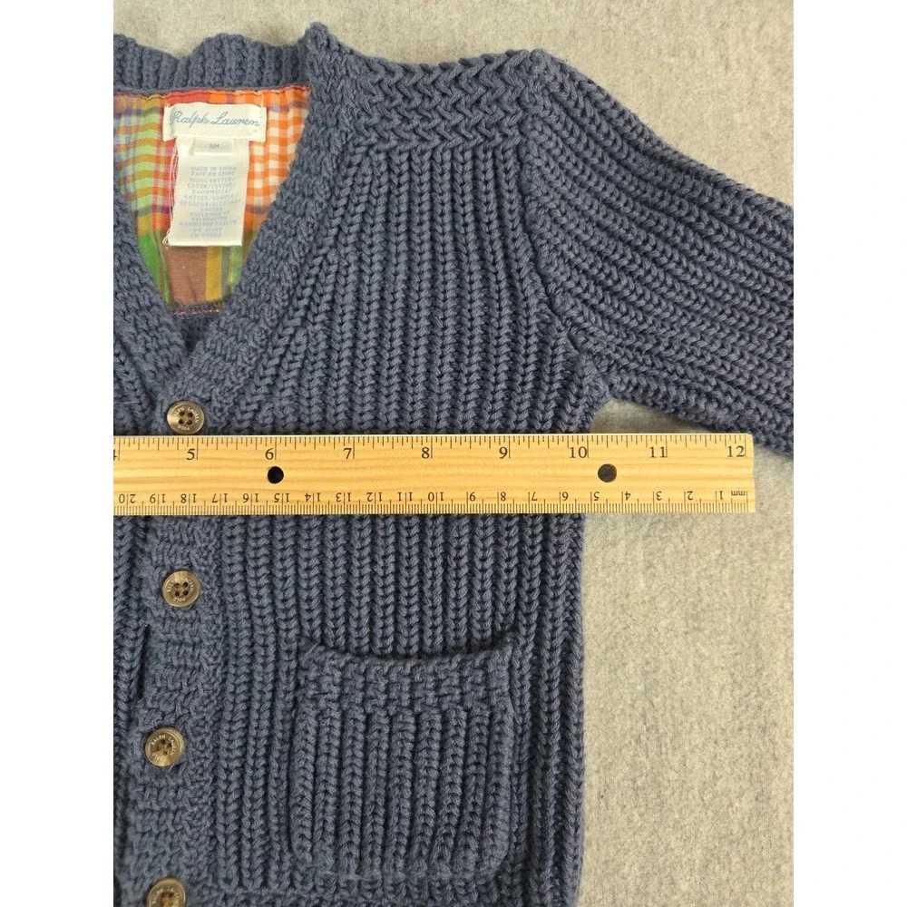 Ralph Lauren Baby Cardigan Sweater 9 Months Blue Cable Knit Expedition Patch Y2K